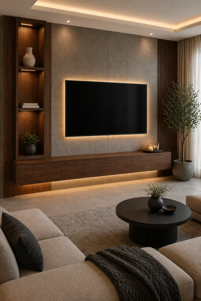 Concrete & Walnut Combo Media Wall Idea
