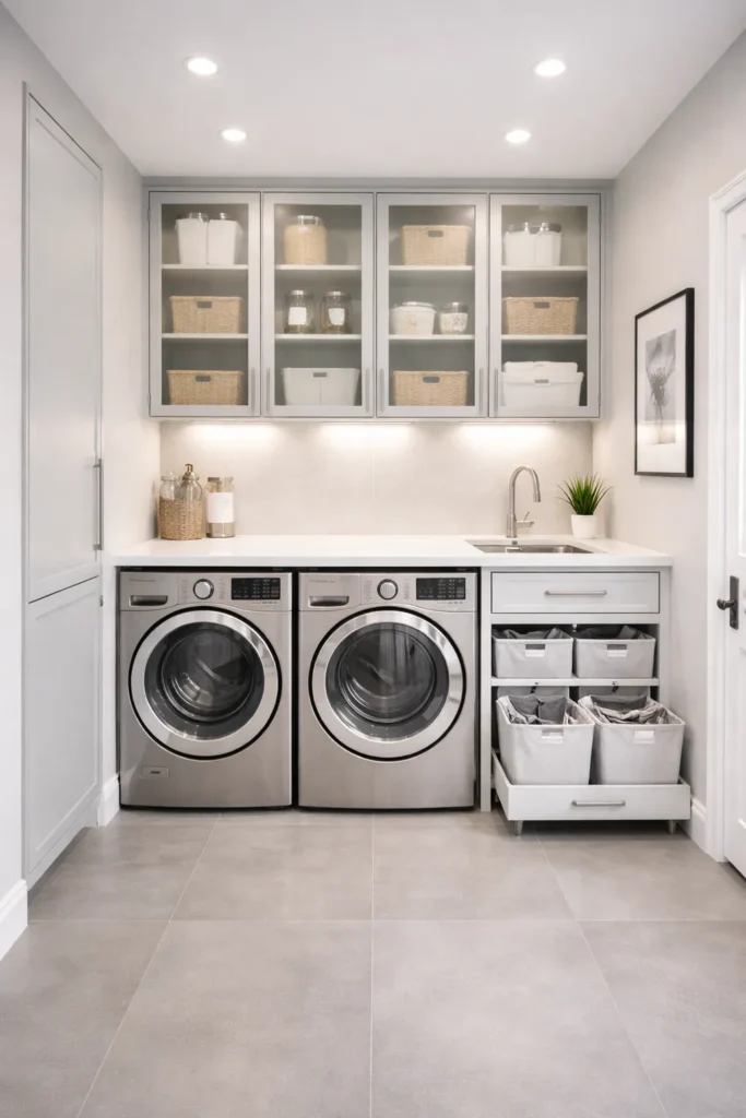 Contemporary Laundry Room with Glass Cabinets Idea