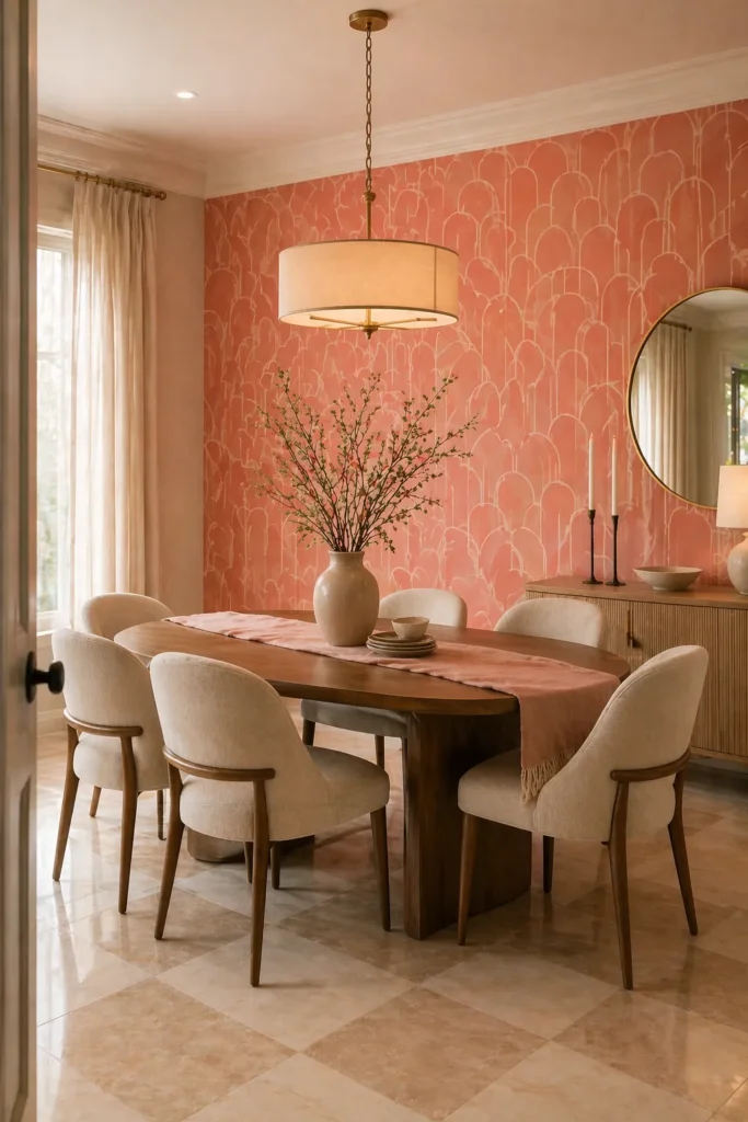 Coral Pink Arch Wallpaper for Dining Room Charm Idea