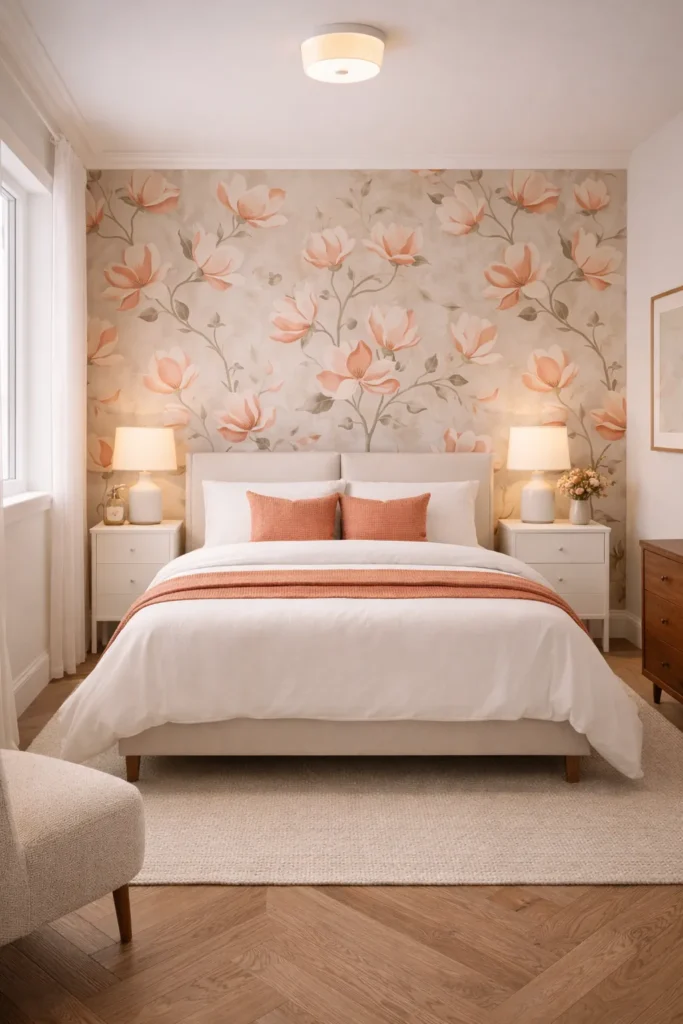 Coral Magnolia Floral Wallpaper Chic Guest Bedroom Idea