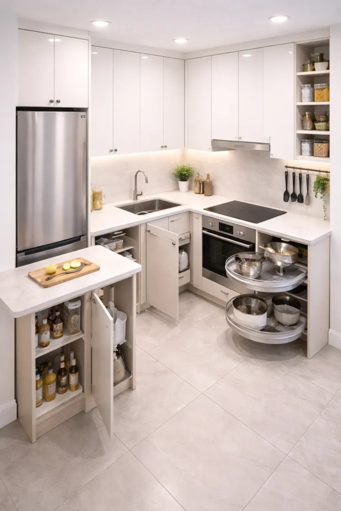 Corner Smart Kitchen with Vertical Storage Focus Idea