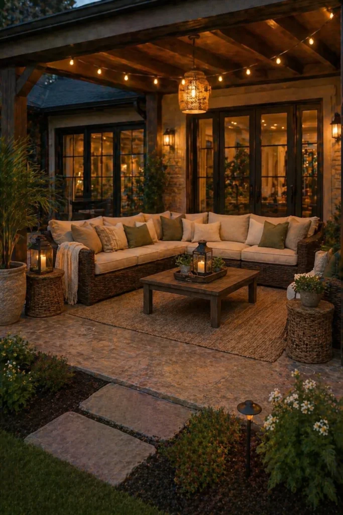 Covered Patio with Brown Wicker Setup Idea