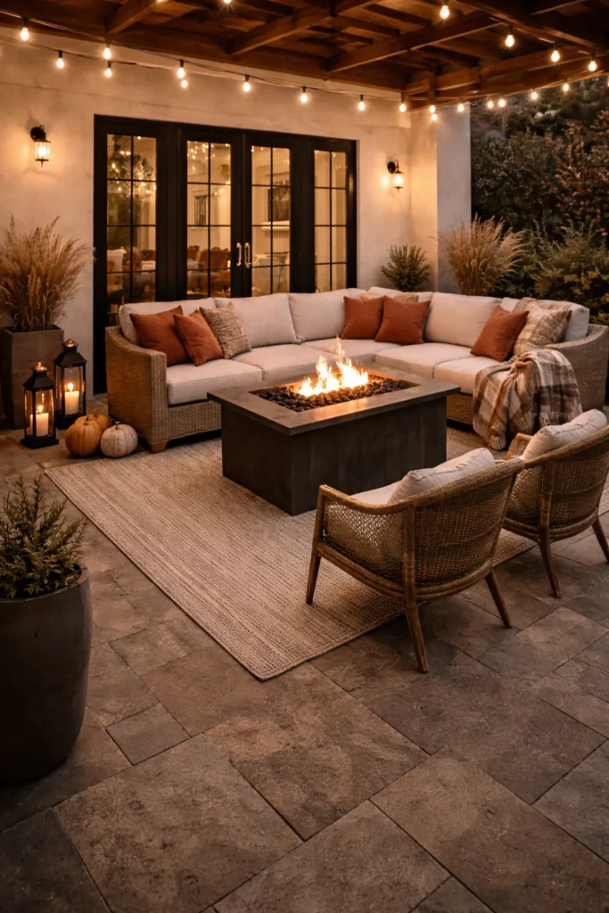 Cozy Covered Patio With Fire Table Idea