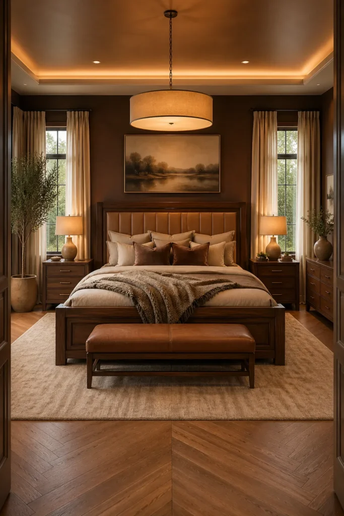 Cozy Master Bedroom with Walnut Panel Bed Idea