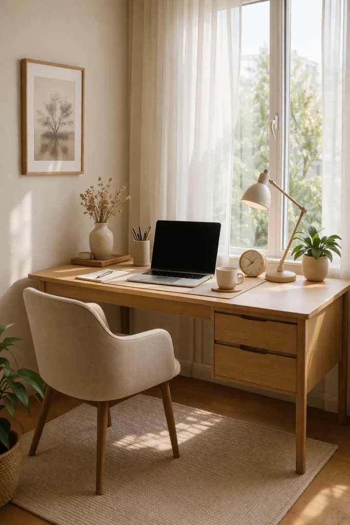 Cozy Window Corner Desk Setup Idea