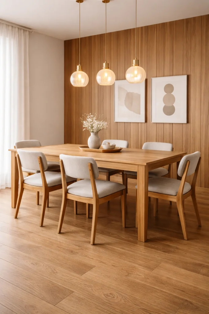 Cozy Wooden Dining Room with Warm Lighting Idea