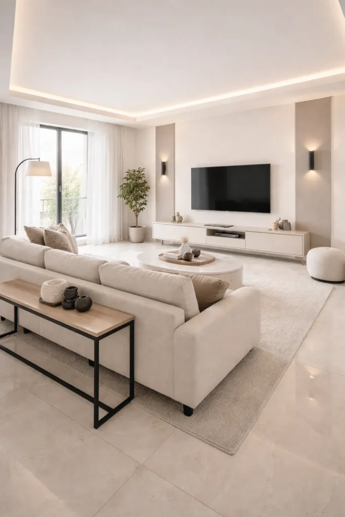 Cream Floating TV Wall Stylish Living Room Idea