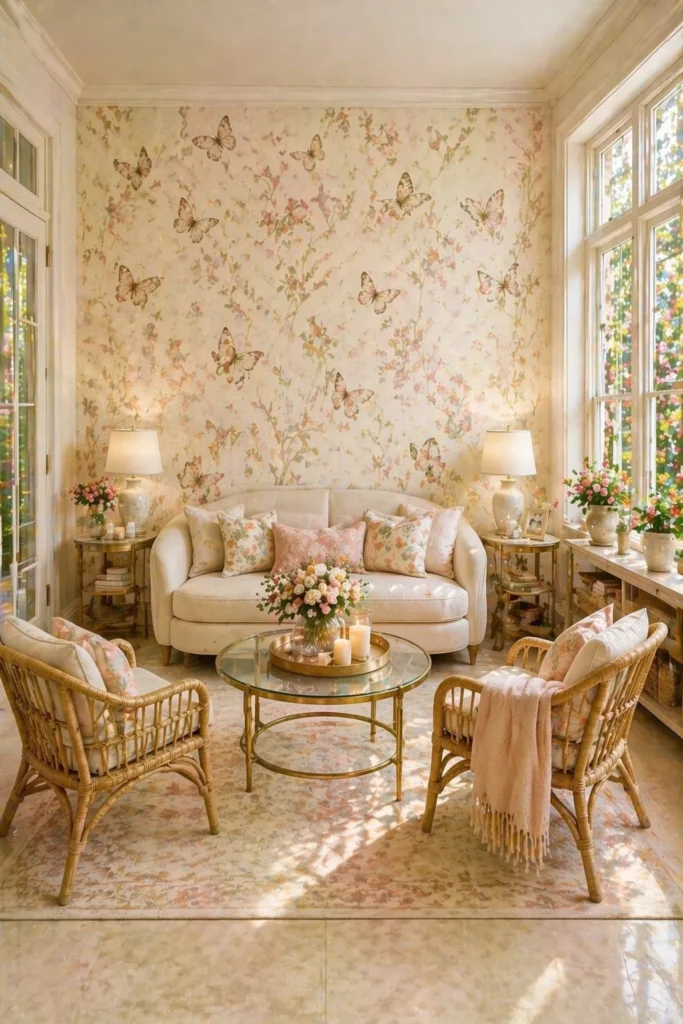 Cream Butterfly Romantic Sunroom Wallpaper Idea