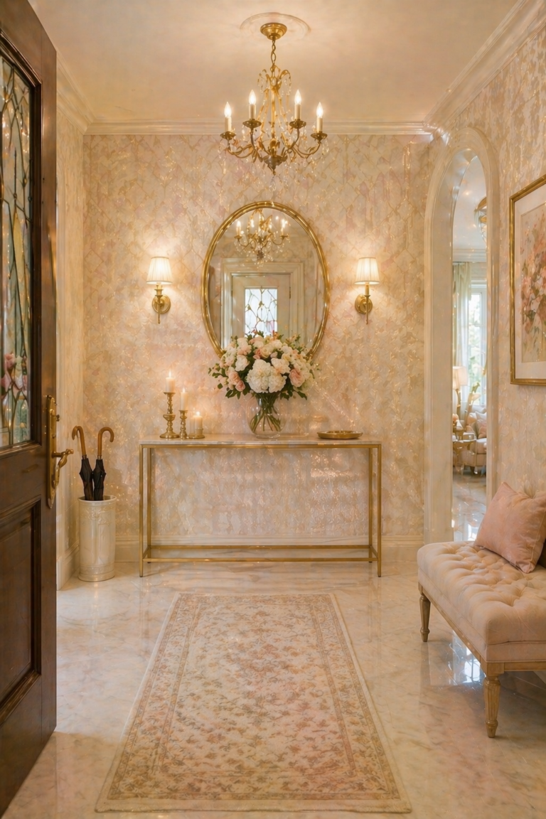 Cream Pearl Damask Entryway Wall Idea