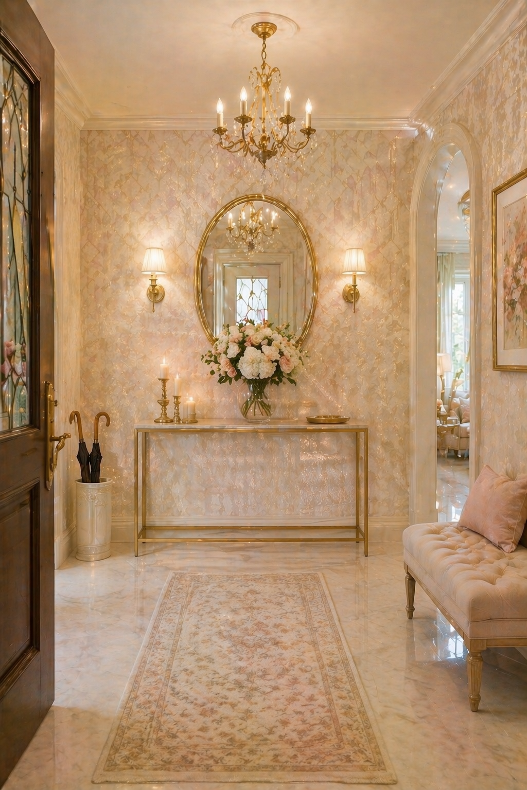 Cream Pearl Damask Entryway Wall Idea