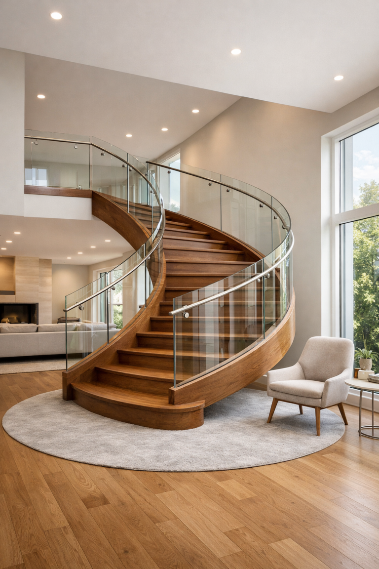 Curved Glass Staircase in Modern Living Room Style