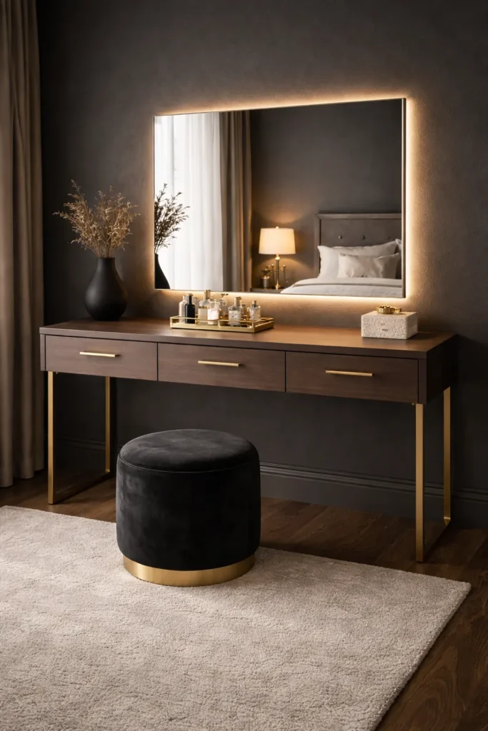 Dark Modern Bedroom Vanity with Brass Details Idea