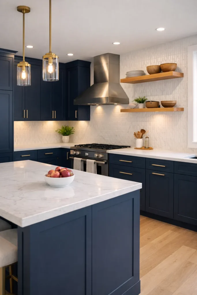 Dark Blue Kitchen with Wood Accents Idea