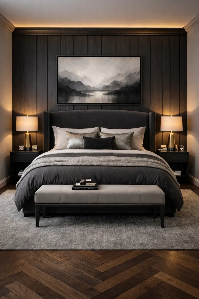 Dark Charcoal Panel Luxury Bedroom Idea