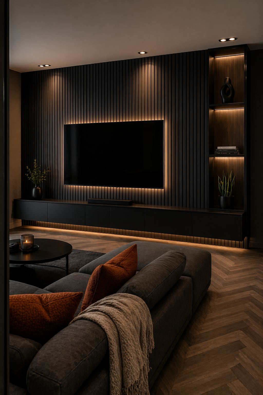 Dark Charcoal Slat Media Wall Idea