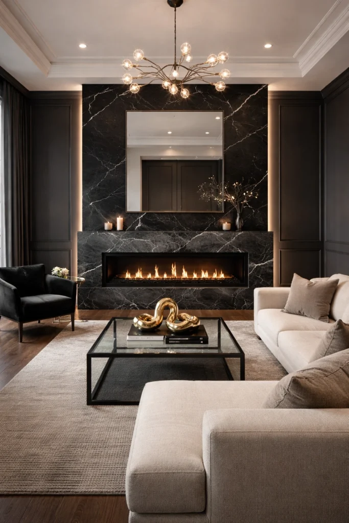 Dark Dramatic Black Marble Fireplace Wall Idea