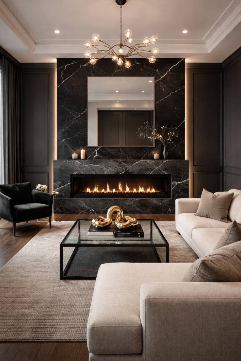 Dark Dramatic Black Marble Fireplace Wall Idea