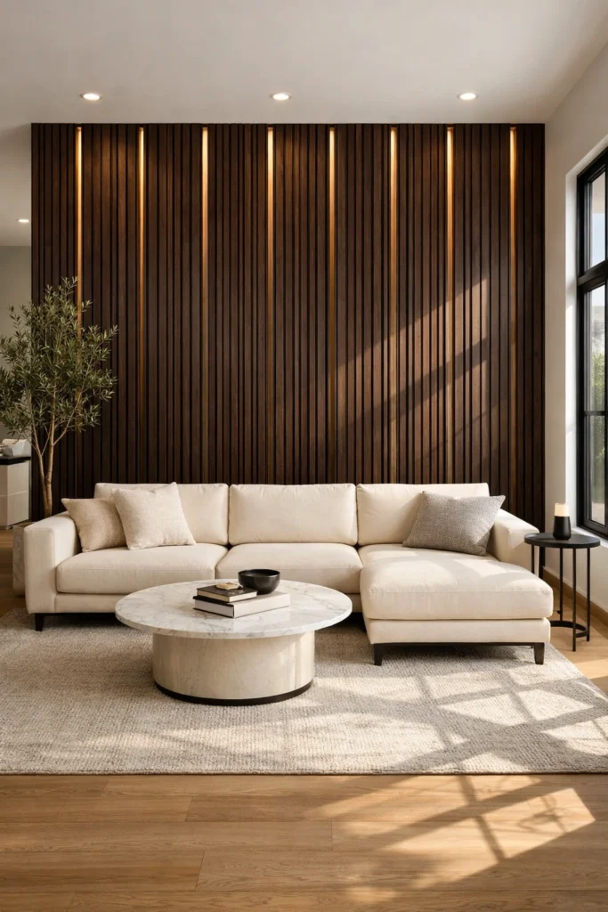 Dark Walnut Vertical Slat Living Room Wall Paneling Idea