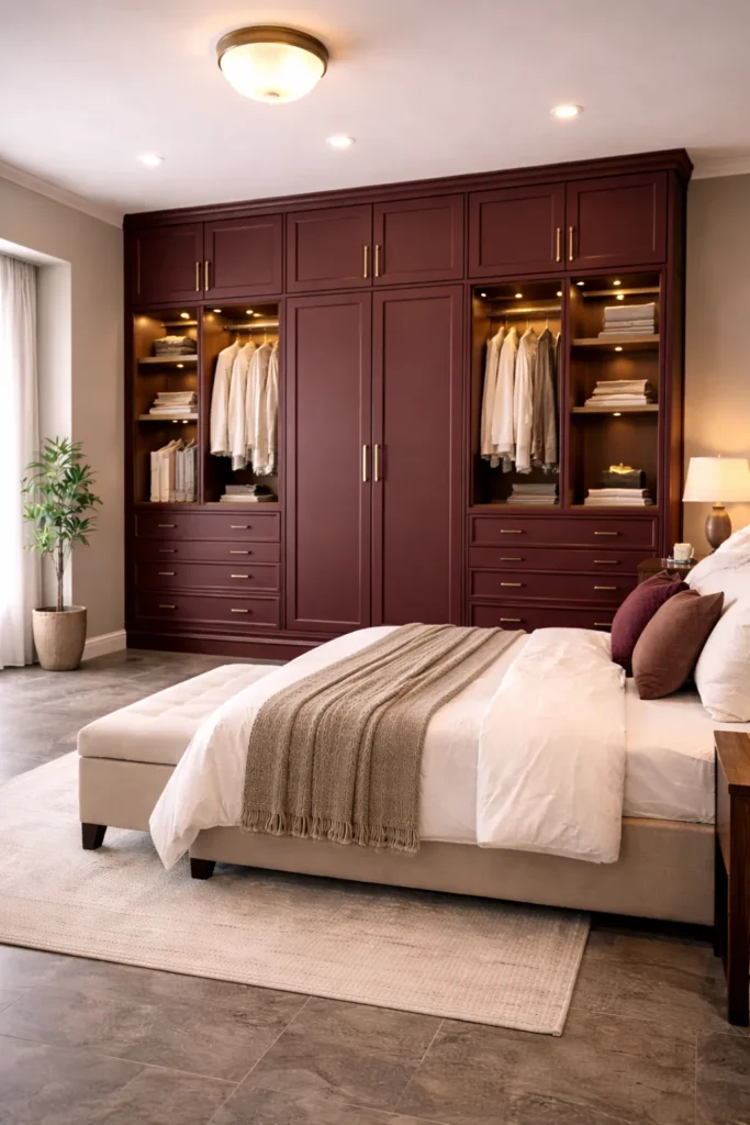 Deep Burgundy Wardrobe with Brass Rails Idea