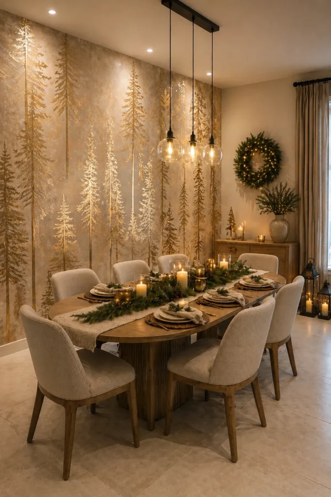 Dining Room Golden Pine Forest Accent Wall Idea