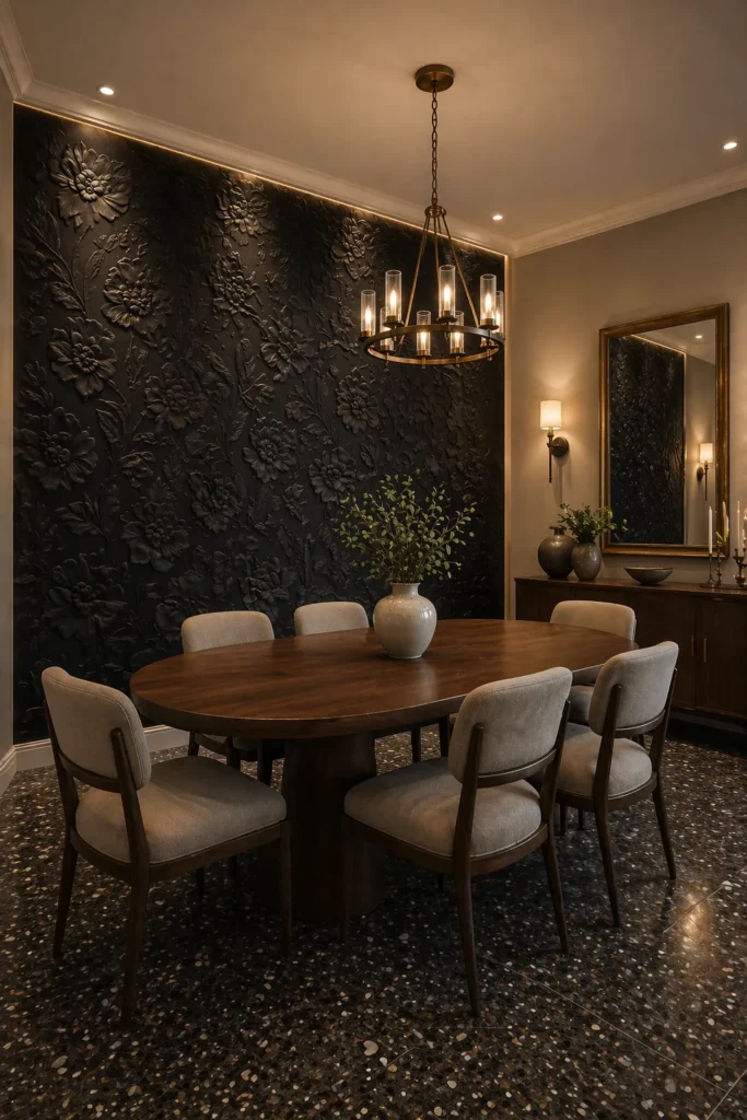 Dining Room with Black Floral Embossed Wallpaper Idea