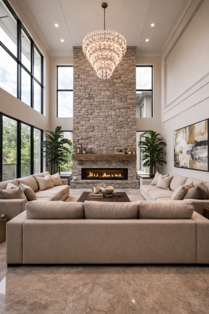 Double-Height Grand Fireplace Feature Wall Idea