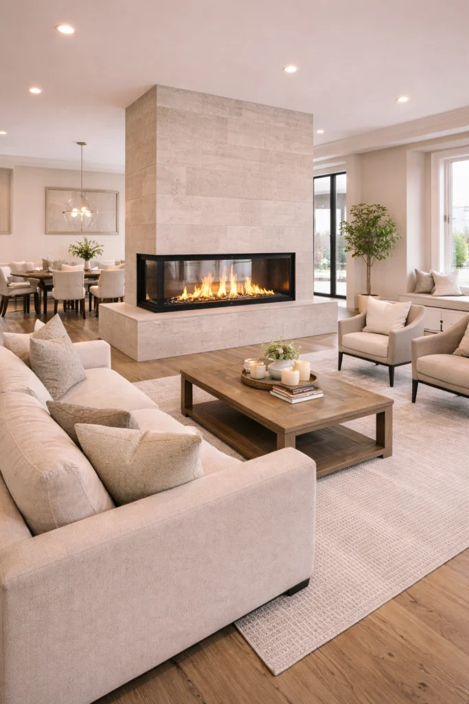 Double-Sided Fireplace Room Divider Idea