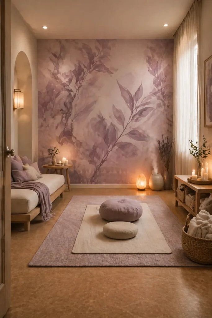 Dusty Lavender Leaf Print Meditation Room Idea