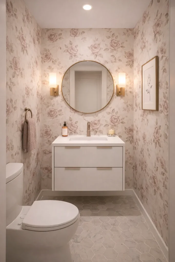 Dusty Mauve Floral Wallpaper Elegant Powder Room Idea