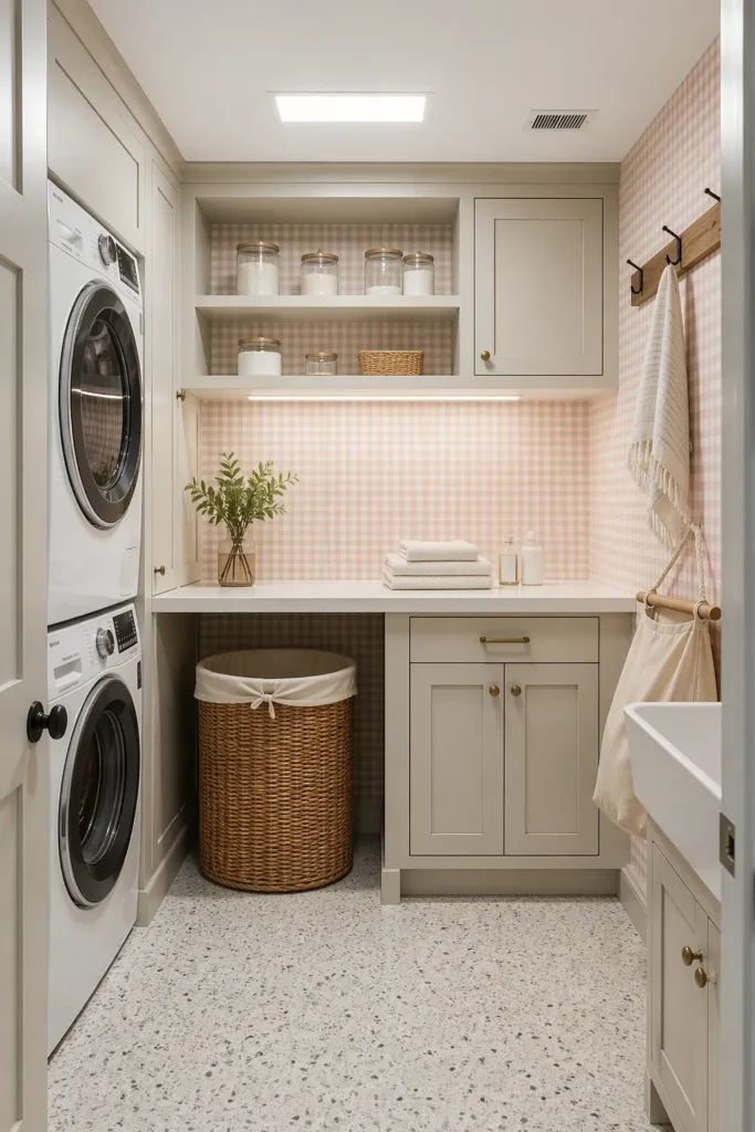 Dusty Pink Check Wallpaper for Laundry Room Charm Idea