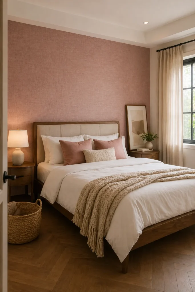 Dusty Rose Linen Texture Wallpaper for Guest Bedroom Idea