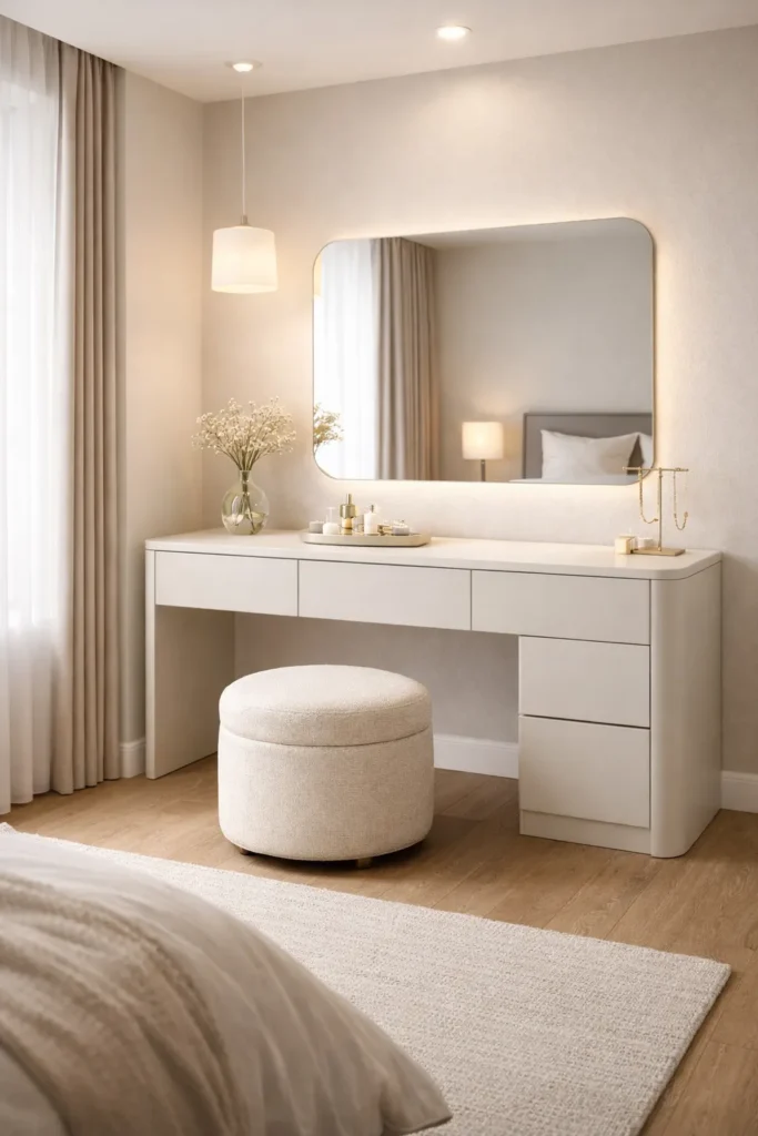 Elegant White Curved Vanity with Soft Lighting Idea