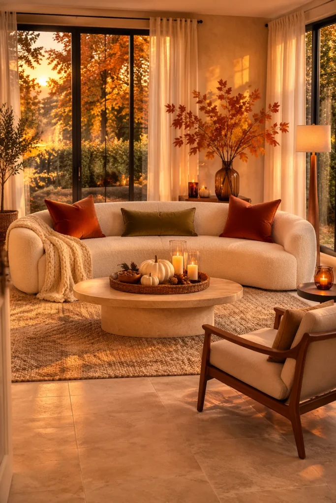 Elegant Harvest Living Room With Curved Sofa Idea