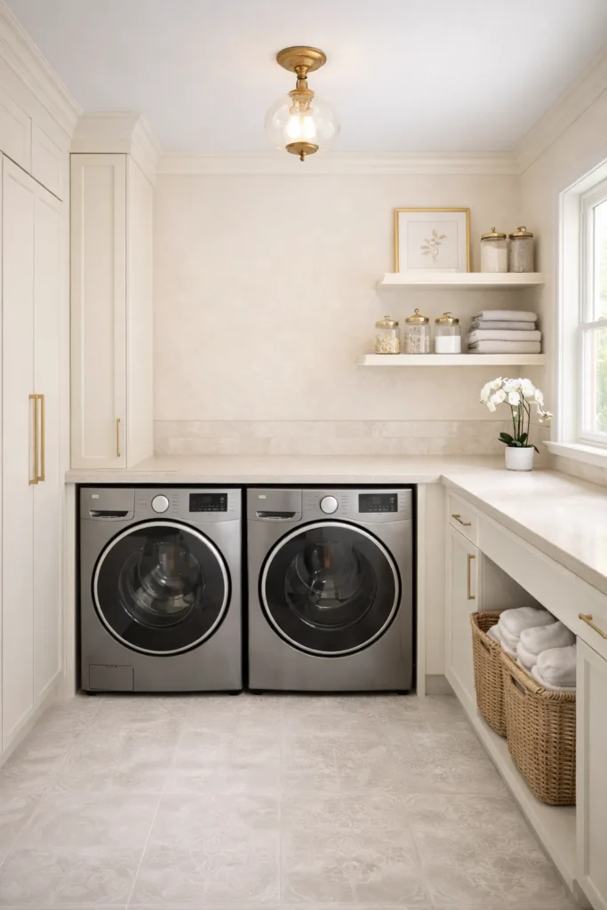 Elegant Cream Laundry Room with Gold Fixtures Idea
