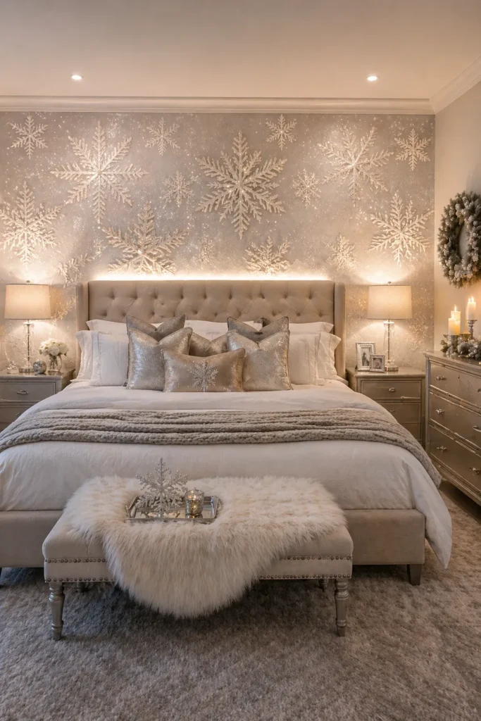 Elegant Bedroom Snowflake Headboard Wall Idea