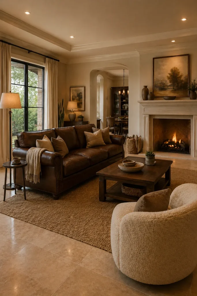 Elegant Living Room with Brown Leather Sofa Idea