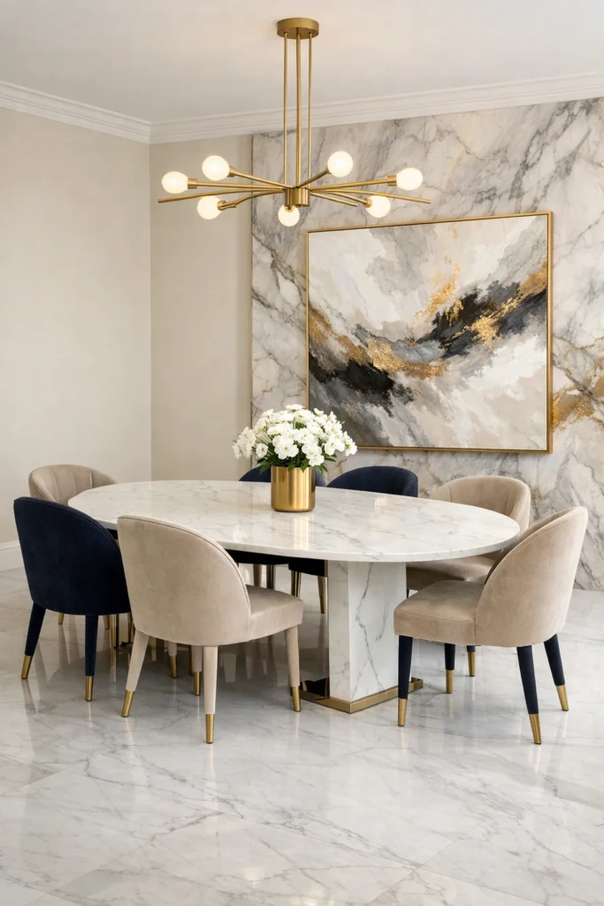 Elegant Marble Dining Room with Gold Accent Idea