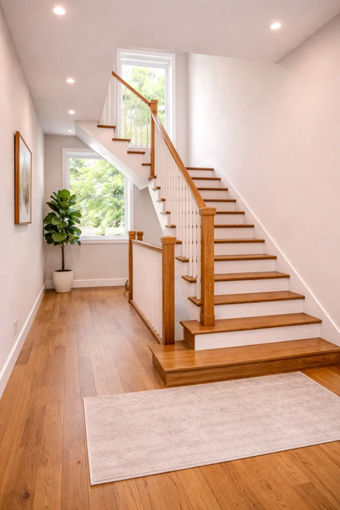 Elegant Wooden Staircase with Landing Window Style