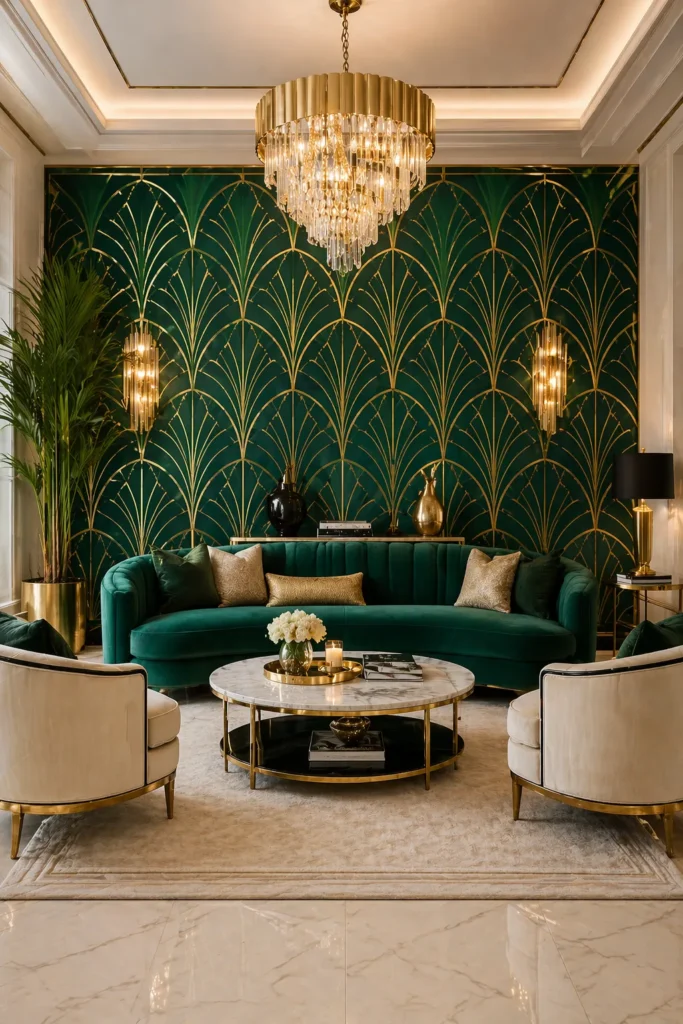 Emerald Art Deco Living Room Statement Wall Idea