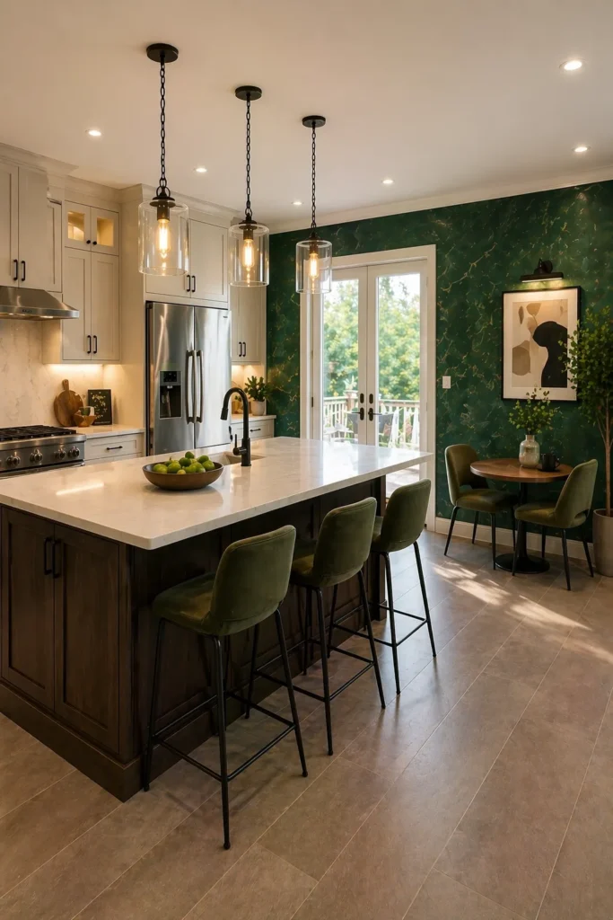 Emerald Kitchen Island Backdrop Idea