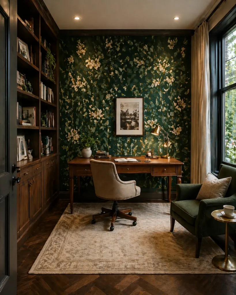 Emerald Floral Wallpaper Refined Study Room Idea