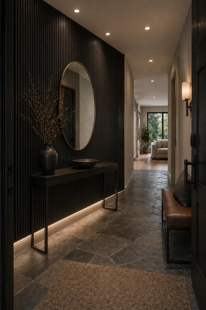Entryway with Black Vertical Stripe Wallpaper Idea