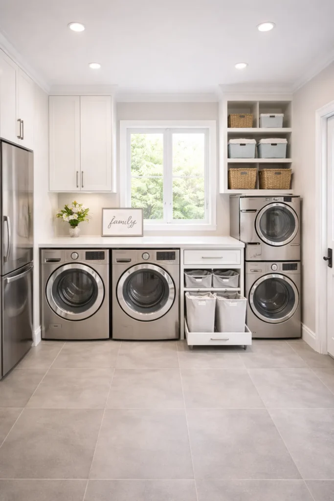Family Laundry Room with Double Washer Setup Idea