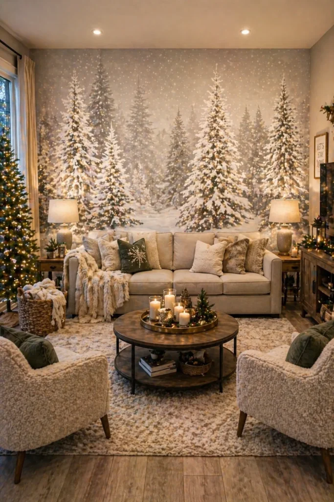 Family Room White Christmas Tree Mural Idea