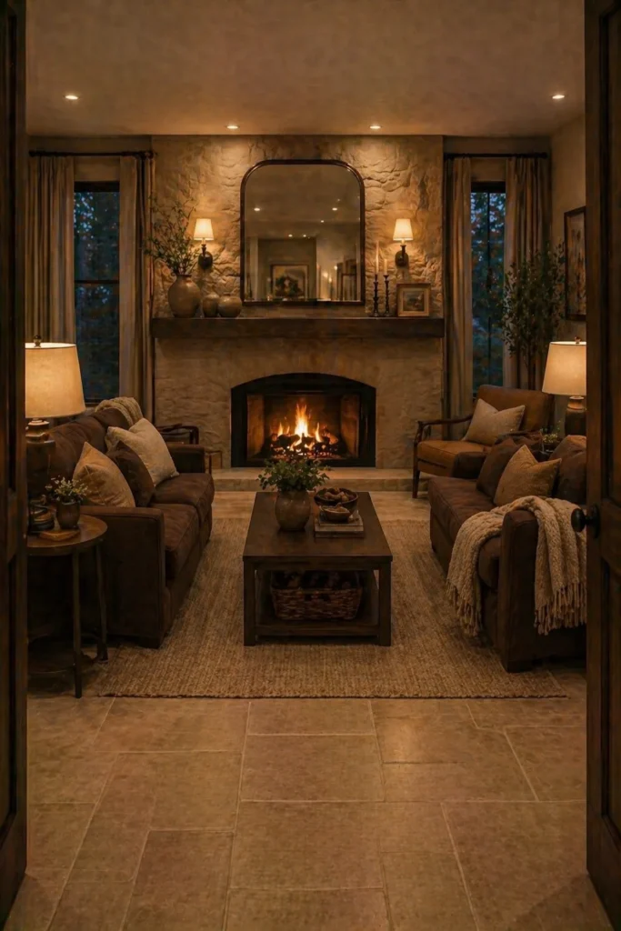 Fireplace Lounge with Cocoa Mantel Styling Idea