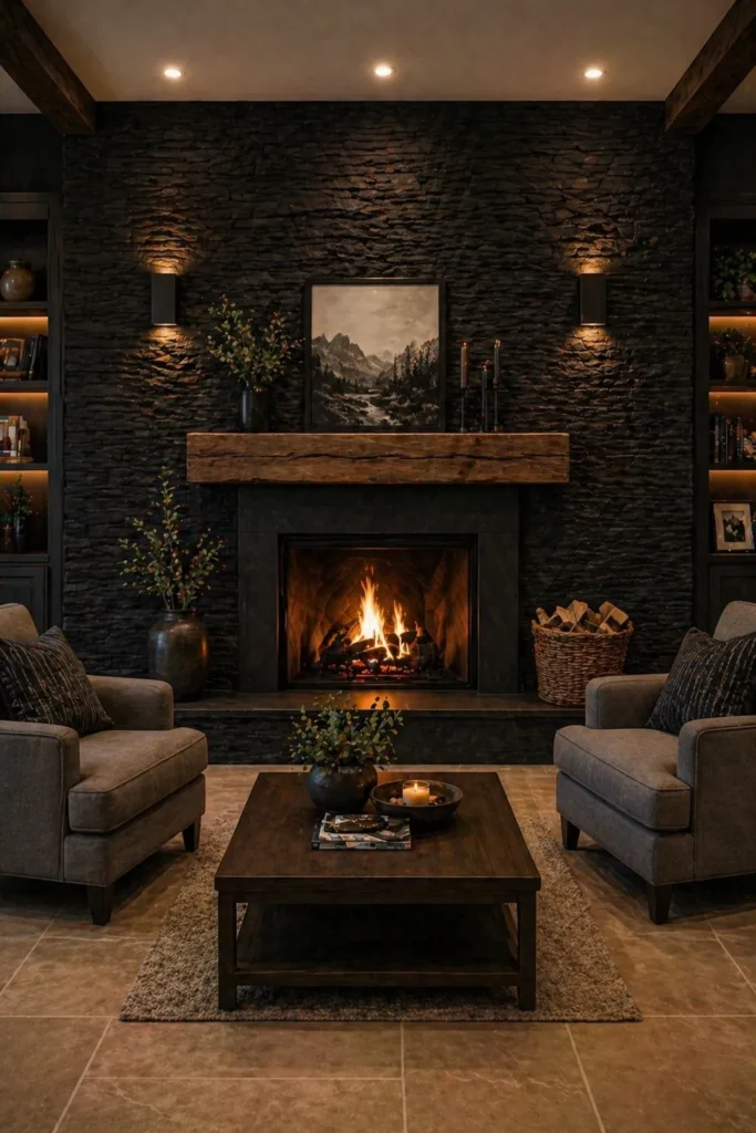 Fireplace Wall with Black Stone Texture Wallpaper Idea