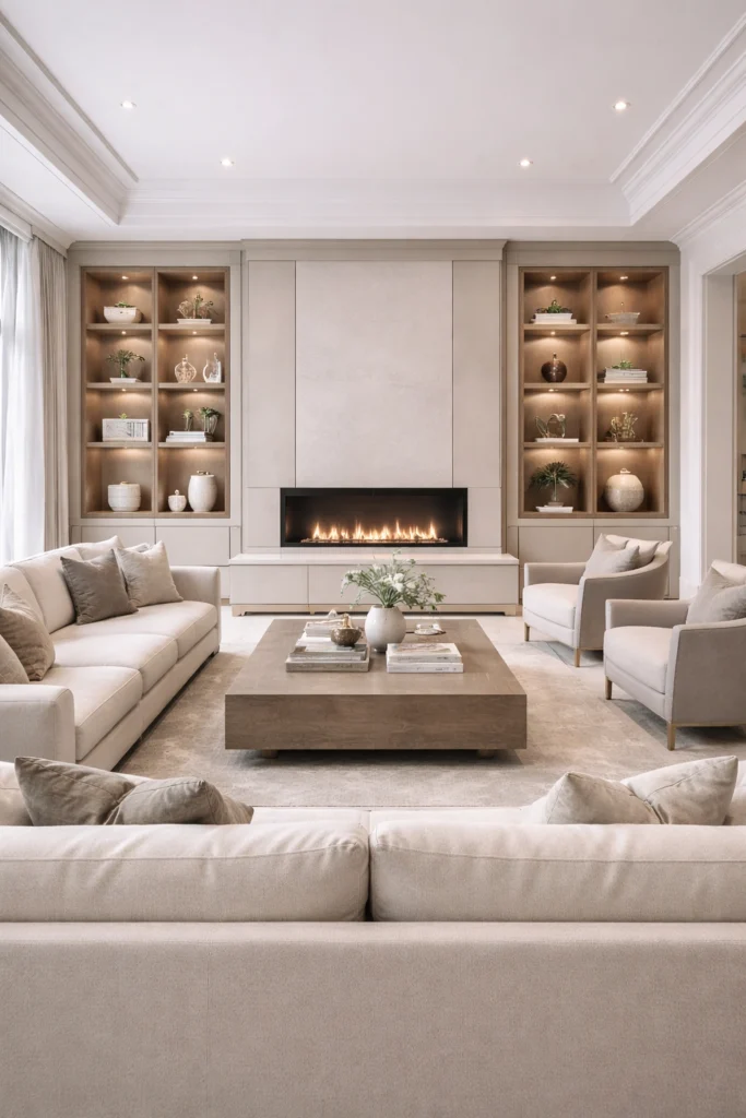 Fireplace with Built-In Cabinet Wall Idea