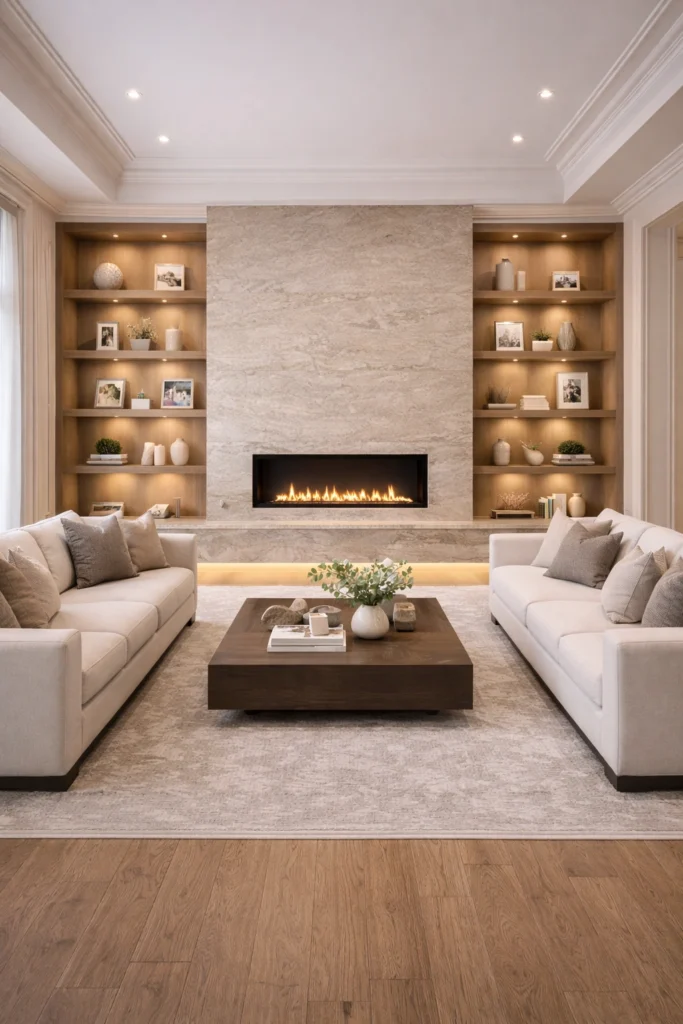 Fireplace with Built-In Floating Shelves Idea