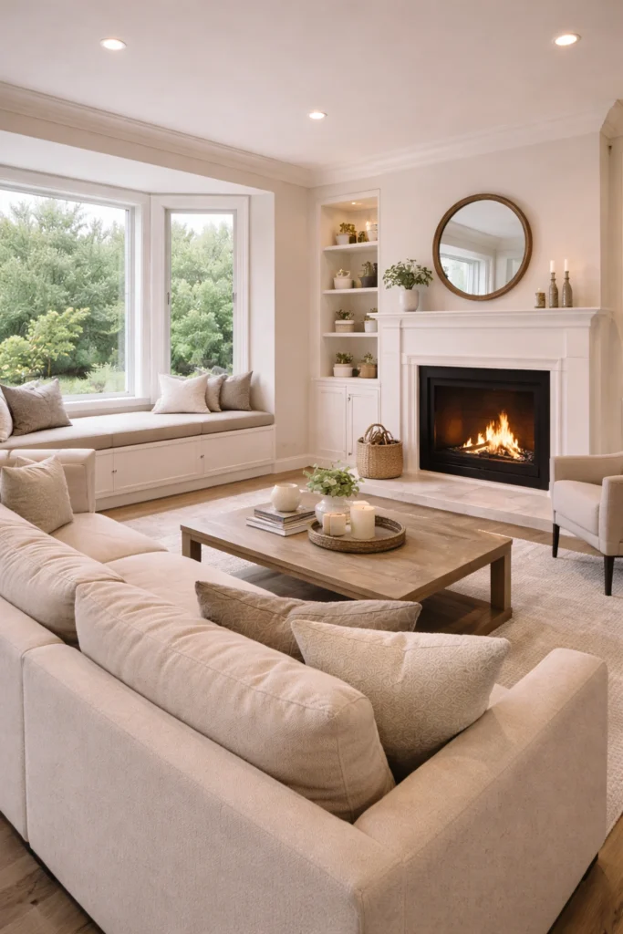 Fireplace with Built-In Window Seating Idea