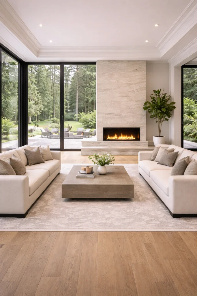 Fireplace with Full Glass Wall View Idea